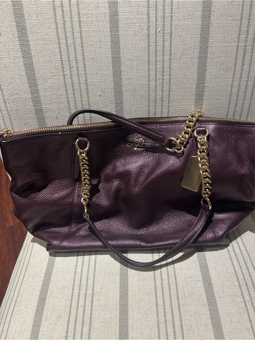 Coach Purple Leather Tote with Gold Chain Handles